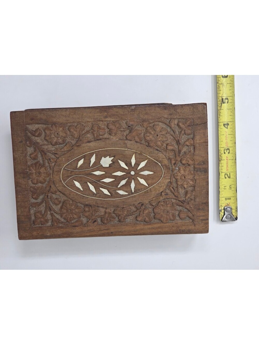 Hand Carved Wooden Storage Box Floral Inlay Hinged Lid India Decorative